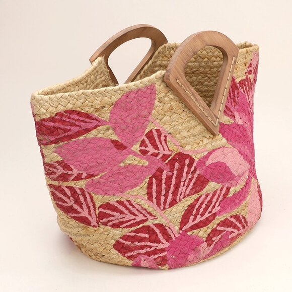 NEW XL Hibiscus Flower Design Straw Jute Wooden Handle Jute Tote Beach Vaca Bag - Picture 1 of 8